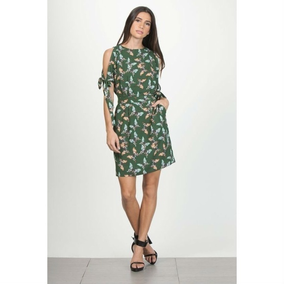 💕ADELYN RAE💕 Butterfly Print Cold Shoulder Sheath Dress Olive Green Small S - Picture 3 of 11